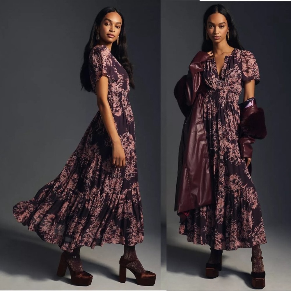 Anthropologie Plum and Dusty Pink Floral Maxi Dress